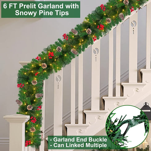 TURNMEON 6 Ft by 10 Inch 50 LED Prelit Christmas Garland Decoration Lights Timer 8 Modes 12 Pinecones 132 Red Berries 20 Pine Needles Battery Operated Christmas Decoration Home Indoor Mantle Fireplace