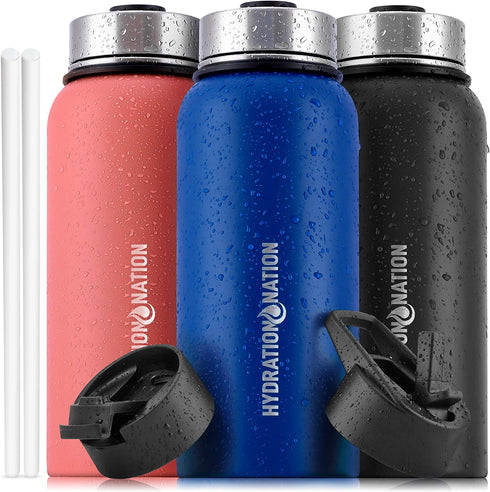 Hydration Nation 18oz, 32oz, or 40oz Vacuum Insulated Water Bottle - Metal Water Bottle For Sports & Outdoor - Thermo Stainless Steel Water Bottle With Straw & 3 Lids For Hot & Cold Drinks (Blue)