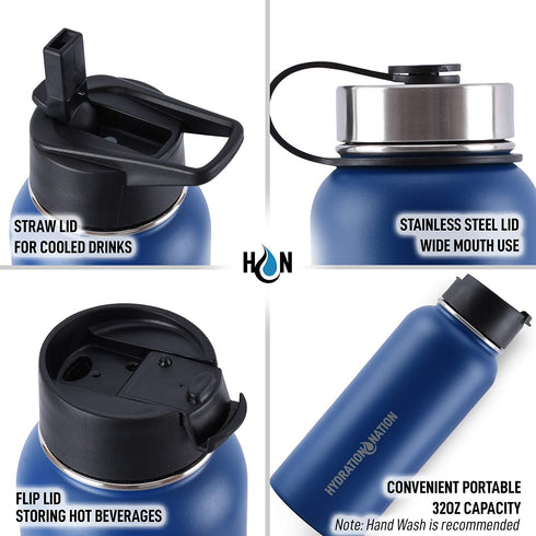 Hydration Nation 18oz, 32oz, or 40oz Vacuum Insulated Water Bottle - Metal Water Bottle For Sports & Outdoor - Thermo Stainless Steel Water Bottle With Straw & 3 Lids For Hot & Cold Drinks (Blue)