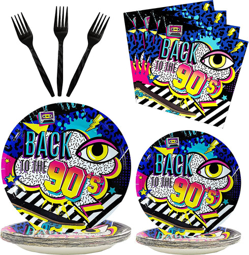 80 Pieces 90s Party Tableware Set 1990s Birthday Hip Hop Party Table Decorations Supplies Back to the 90s Paper Plates Napkins Forks for 20 Guests