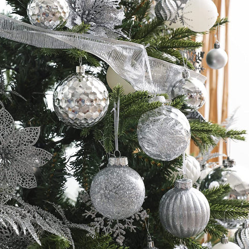 80mm/3.15" Shatterproof Christmas Ball Ornaments,Clear Plastic Decorative Christmas Balls Hanging Xmas Tree Baubles Set with Stuffed Delicate Glittering Decorations(Silver)