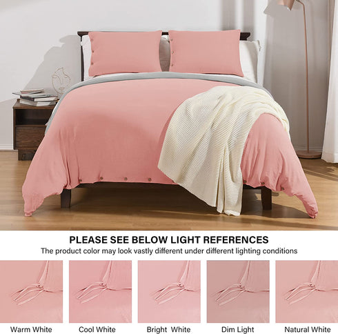 Basic Beyond Duvet Cover Queen Size, Washed Microfiber Coral Pink/Grey Duvet Cover Set with Coconut Button Closure - 3 Pieces (1 Duvet Cover & 2 Pillowcases)