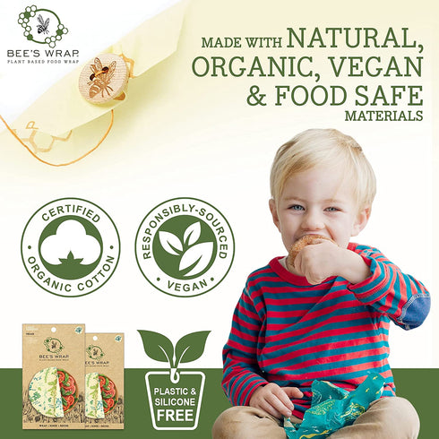 Bee's Wrap - Vegan 3 Pack - Made in USA with Certified Organic Cotton - Plastic and Silicone Free - Reusable Plant-Based Food Wraps - 3 Pieces (S, M, L)