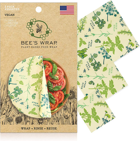Bee's Wrap - Vegan 3 Pack - Made in USA with Certified Organic Cotton - Plastic and Silicone Free - Reusable Plant-Based Food Wraps - 3 Pieces (S, M, L)