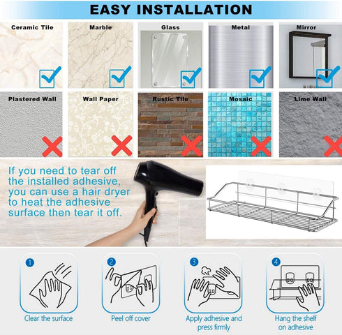 TESOT Adhesive Bathroom Shelf Organizer Shower Caddy Kitchen Storage Rack Wall Mounted No Drilling SUS304 Stainless Steel - 2 Pack