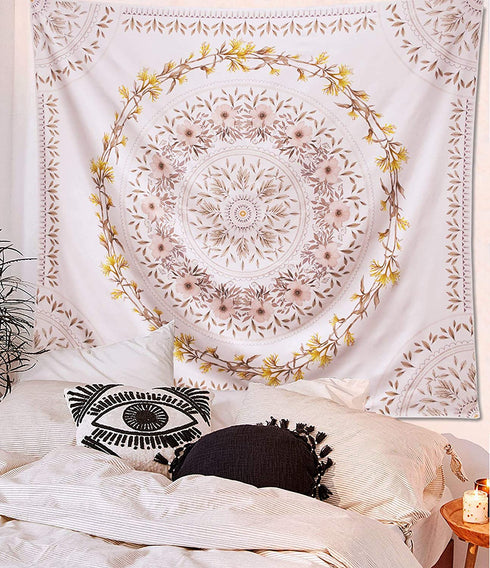 Lifeel White Bohemian Tapestry Wall Hanging, Mandala Floral Medallion Hippie Tapestry with Light Brown Aesthetic Wreath Design, Cream Wall Decor Blanket for Bedroom Home Dorm, Large 68×80 inches