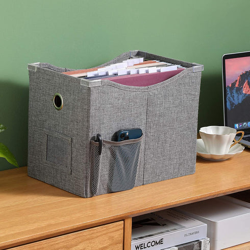 Linen File Boxes 1-Pack with Metal Sliding Rail For Letter Size File Storage Box with Extra Pocket Storage Collapsible Hanging File Organizer Storage Filing Box File Organizer Bin (1, GREY)
