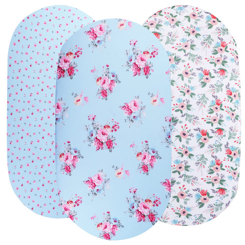 Floral Bassinet Sheet Set 3 Pack Jersey Knit Ultra Soft Stretchy Compatible with Halo,Graco,Dream On Me,MiClassic,Chicco Lullago,Delta,4Moms,Mika Micky Mattress and More for Baby Girl Boy Blue