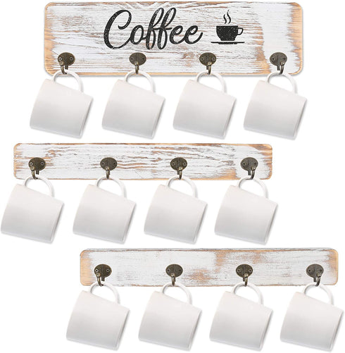LotFancy Coffee Mug Holder, Rustic Wall Mounted Mug Rack with 12 Cup Hangers, Farmhouse Wood Cup Organizer for Home, Office, Kitchen Display Storage Collection, White Coffee Nook Décor