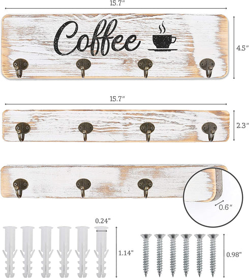 LotFancy Coffee Mug Holder, Rustic Wall Mounted Mug Rack with 12 Cup Hangers, Farmhouse Wood Cup Organizer for Home, Office, Kitchen Display Storage Collection, White Coffee Nook Décor