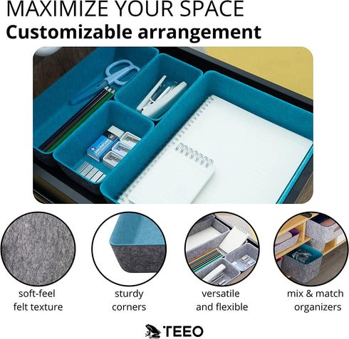 Teeo Felt Drawer Organizer Container Caddy Jewelry Tray Makeup Storage Organizers Home Office Desk Cosmetic Bins Dividers Box Compartment Nursery Bedroom Closet Organization, Pack of 5, Turquoise