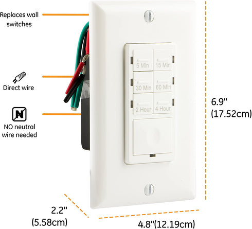 GE Push-Button Countdown Timer Switch, 5-15-30 Minute/1-2-4 Hour, ON/Off, No Neutral Wire Needed, Ideal for Lights, Exhaust Fans, Heaters, Wall Plate Included, 15318 , White