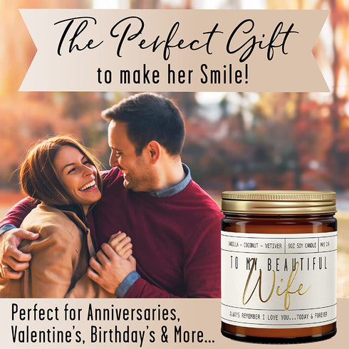 Anniversary ' Gift for Her, Gifts for Anniversary for Wife - "to My Beautiful Wife" Soy Candle, w/ Vanilla, Coconut & Vetiver I 9oz Glass Jar, 50Hr Burn, Made in USA