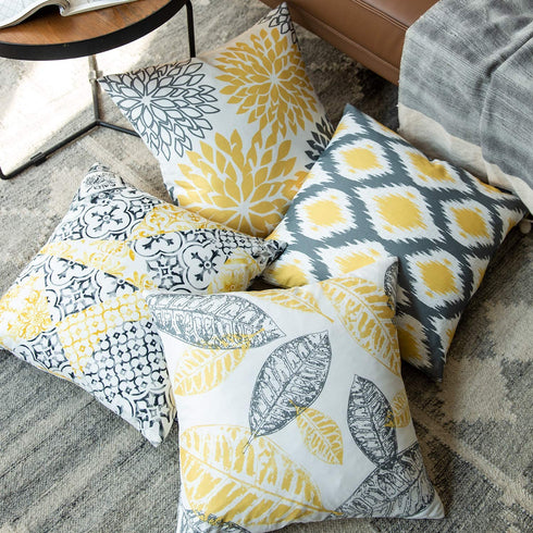 Phantoscope Set of 4 New Living Series Decorative Throw Pillow Case Cushion Cover, Yellow and Grey, 22 x 22 inches, 55 x 55 cm
