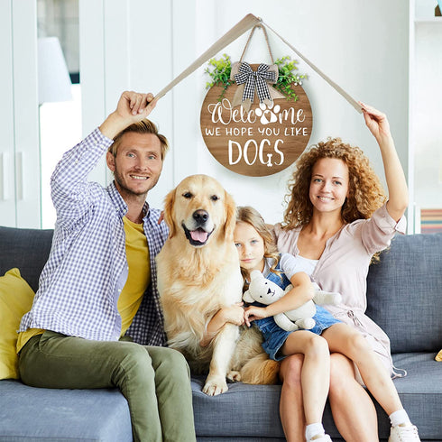 Welcome Wreath Sign for Front Door Decor - We Hope You Like Dogs Farmhouse Door Hanging,Unique Housewarming Gift for Dog Lovers Women 12 x 12 Brown