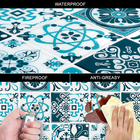 Mohepo Peel and Stick Backsplash Tile Stick on Kitchen Vinyl 3D Wall Decor Panels Sticker Talavera Mexican 9 Plaid 12"x12"(5 Sheets,Blue&White)