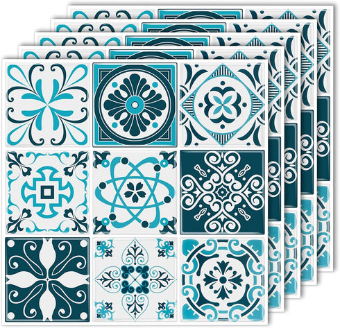 Mohepo Peel and Stick Backsplash Tile Stick on Kitchen Vinyl 3D Wall Decor Panels Sticker Talavera Mexican 9 Plaid 12"x12"(5 Sheets,Blue&White)