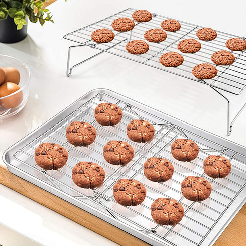 Baking Sheet and 2-Tier Cooling Racks Set, P&P CHEF Stainless Steel Baking Pan Tray with Stackable Cooking Wire Rack for Cookie Bacon Meat, Uncoated & Non-toxic , Mirror Finish& Dishwasher Safe - 3Pcs