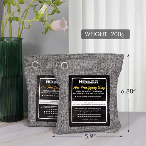 HIDBEA Activated Bamboo Charcoal Air Purifying Bags (4-Pack) Natural Deodorizer Odor Absorber Eliminator Remover for Home, Pets, Car, Closet, Shoes, 200g x 4, Gray