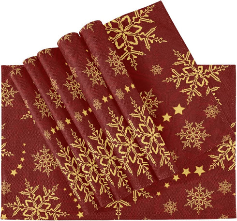 Christmas Snowflakes Red Placemats Set of 4 Non Slip Burlap Winter Table Mats Heat Resistant Washable Place Mats for Dining Home Kitchen 12 x 18 Inch