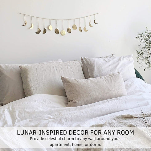 Moon Phase Wall Hanging Handmade Hammered Gold Metal 13 Moons 36" Garland, Boho Home Decor for Bedroom, Celestial Art Phases Bohemian Decoration Astrology Aesthetic for Above the Bed or Living Room
