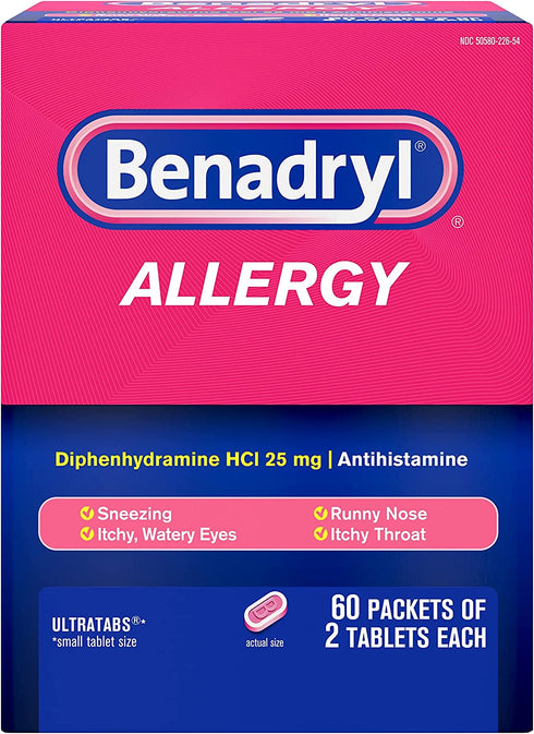 Benadryl Ultratabs Go Packs, Antihistamine Allergy Medicine Tablets with Diphenhydramine HCl, Convenient for Travel & On-The-Go Cold & Allergy Relief, 60 Packets of 2 Tablets