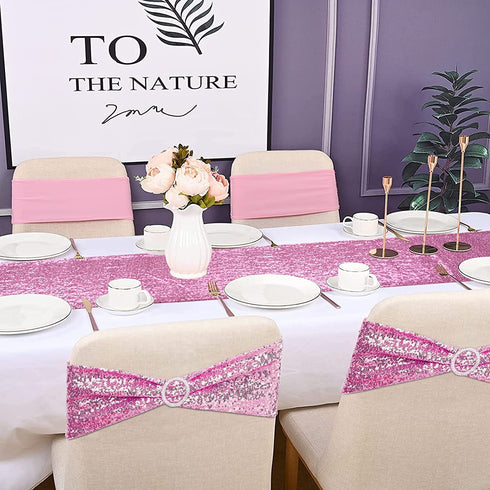 yuboo Pink Sequin Table Runner with 8 Pieces Chair Sashes Set,Sparkly Slipcovers Wedding Chair Decorations Stretch Chair Bands for Birthday,Valentine's Day,Reception Party,Holiday Celebration Party