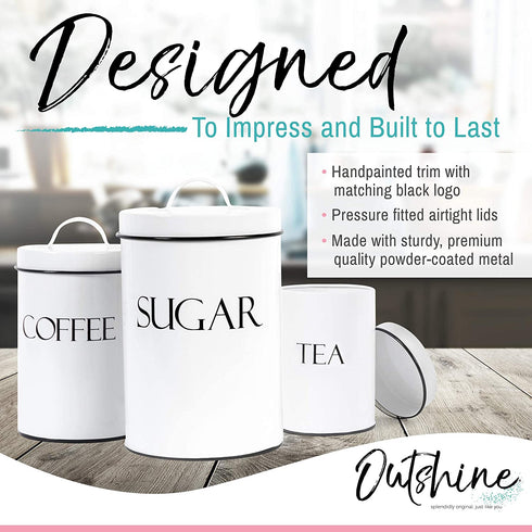 Outshine White Farmhouse Nesting Kitchen Canisters (Set of 3) | Kitchen Canister Set Perfect for Coffee, Tea, Sugar | Coffee Bar Accessories | Gift for Housewarming, Birthday, Wedding, Bridal Shower