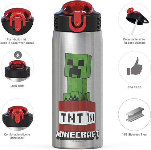 Zak Designs - MICI-V151 Zak Designs 27oz Minecraft 18/8 Stainless Steel Water Bottle with Flip-up Straw Spout and Locking Spout Cover, Durable Cup for Sports or Travel (27oz, Minecraft Creeper)