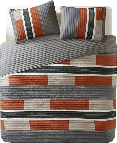 Comfort Spaces Quilt Set Trendy Casual Fun, Vibrant Color Design, Hypoallergenic All Season, Lightweight Coverlet Bedspread Cozy Kids Bedding & Sham Twin/Twin XL Pierre Grey Orange Stripe 2 Piece