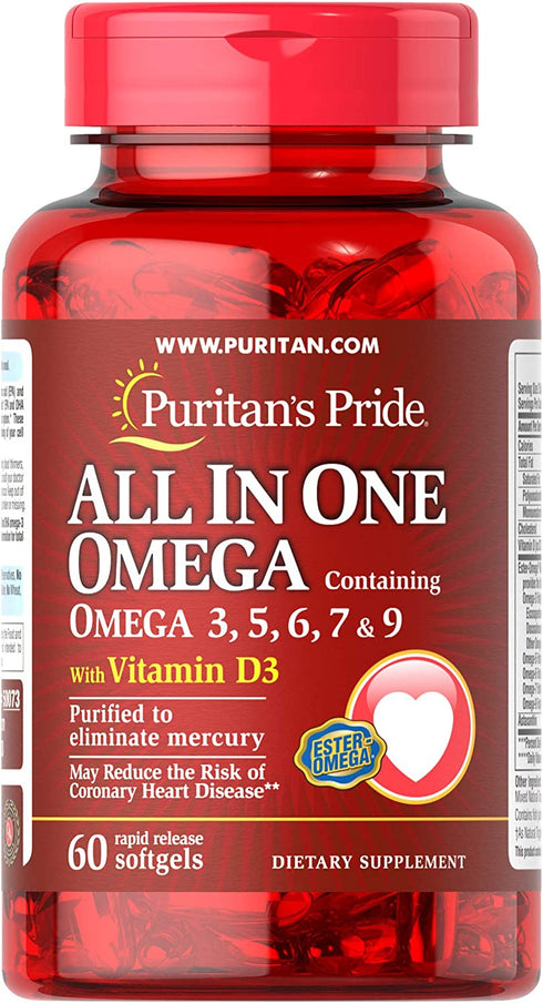 Puritans Pride All in One Omega 3, 5, 6, 7 and 9 with Vitamin D3, 60 Count