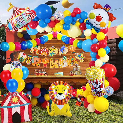 Golray 138Pcs Carnival Circus Balloon Garland Arch Kit for Kids Carnival Circus Theme Birthday Party Decorations Supplies, Carnival Decor with Happy Birthday Banner Circus Tent Lion Clown Head Popcorn