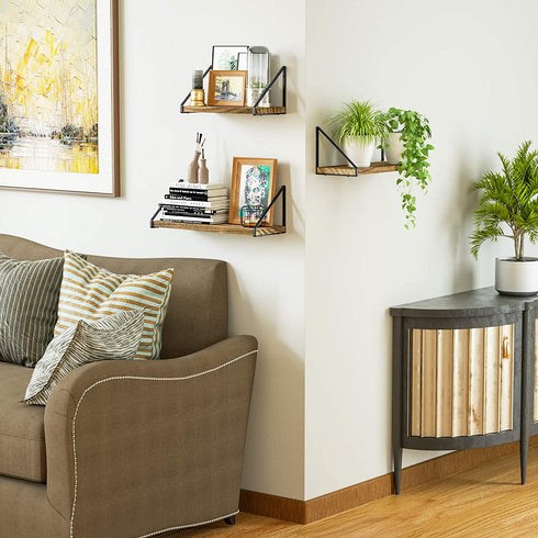 Love-KANKEI Floating Shelves Rustic Shelves Wall Mounted Set of 3 Wall Storage Shelves for Living Room, Bedroom, Kitchen Carbonized Black