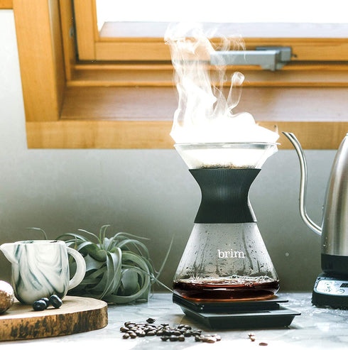 Brim 6 Cup Pour Over Coffee Maker Kit, Simply Make Rich, Full-Bodied Coffee Every Time, Set Includes Glass Carafe, SCA Measuring Scoop, Silicone Sleeve, and Healthy-Eco Reusable Filter, Black