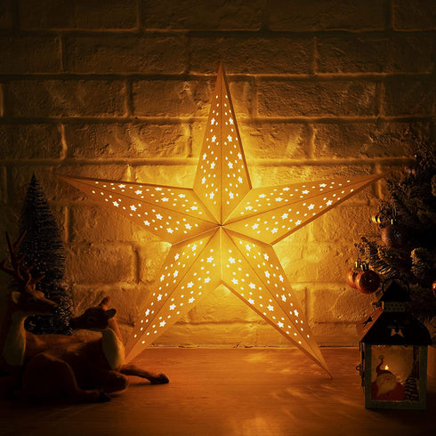 Paper Star Lantern, 8 Mode 50 LEDs Firework Fairy String Lights, Light up Hollow Out Star Hanging Decoration for Indoor Outdoor Room Wedding Christmas Party (Chic Style)