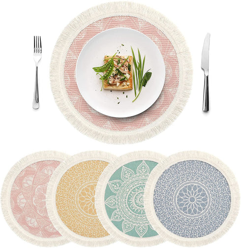 LOMOHOO Set of 4 Round Placemats 13 Inch Table Mats Boho Cotton Woven Mandala Tassels Heat Proof Washable Circle Place Mat for Kitchen Dining Wedding Farmhouse Home Decoration