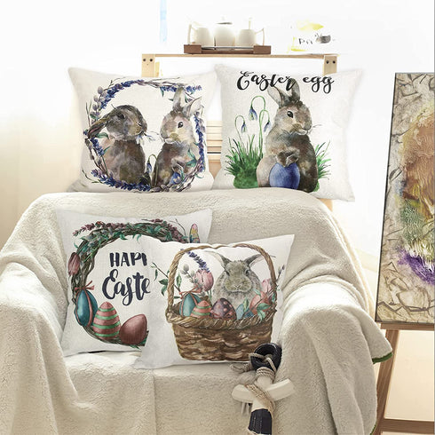 AOKE Set of 4 Easter Throw Pillow Covers 18 x 18 Inches, Rabbit Bunnies with Eggs Cotton Linen Pillow Case, Spring Season's Sofa Bed Throw Cushion Cover Decoration