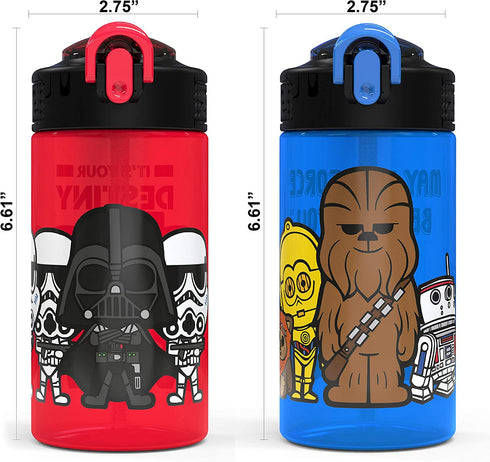 Zak Designs PP Park Straw Kids Durable Plastic Spout Cover and Built-in Carrying Loop, Leak-Proof Water Design for Travel, (16oz, 2pc Set), Darth Vader Bottle 2pk