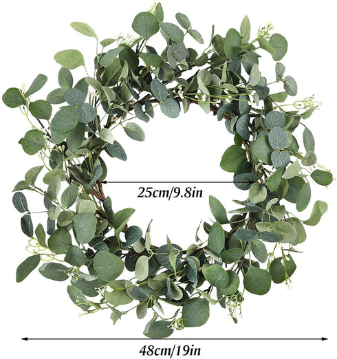 CEWOR 19 Inches Artificial Eucalyptus Wreath Spring Summer Large Green Leaf for Front Door Wall Window Farmhouse Garland Decor