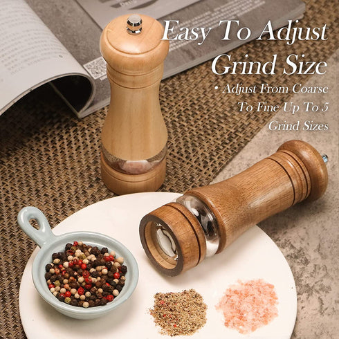 MuuWooden Wooden Salt and Pepper Grinder Set, Refillable Pepper Mill Wood Salt and Peppers Shakers, Adustable Ceramic Roter & Transparent Spice Pepper Mills for Kitchen Gift with Brush - 2 Pcs 6.5inch