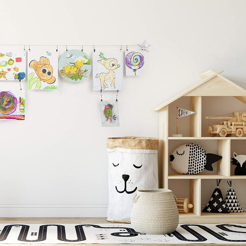 Wallniture Arte Picture Hangers Kit for Kids' Arts and Crafts, Adjustable Wire Curtain Rod with 24 Clips, White