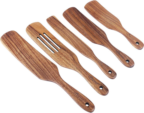 Yowzie Spurtle Shovel Scraper 5 Piece Kitchen Set Utensils Non-Stick Heat Resistant Insta-Pot Cookware Natural Slotted Acacia Wooden Set For Stirring Mixing Serving