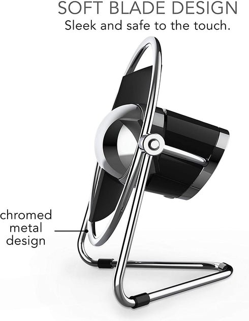 Sharper Image SBM1-SI USB Fan with Soft Blades, 2 Speeds, Touch Control, Quiet Operation, Metal Frame, 5V Wall Adapter, 6 ft. Cable, Personal, Black/Chrome