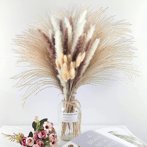 Total 75Pcs Natural Dried Pampas Grass Decor 17Inch,15Pcs White Pampas,15Pcs Brown Pampas,15Pcs Fluffy Bunny Tails Pampas Grass,30Pcs Reed Grass, for Flower Arrangements Boho Wedding Home Decor
