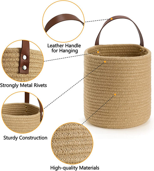 DULLEMELO Small Jute Hanging Baskets 2 Pack 7"(D) x 8"(H), Jute Woven Hanging Storage Basket With Leather Handle, Small Storage Basket for Wall Decor Plants (Jute)