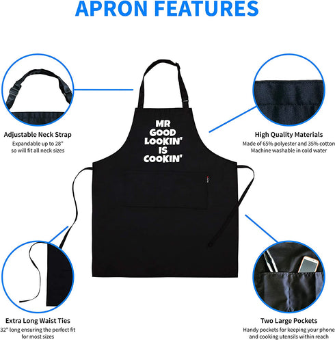 Savvy Designs Aprons for Men - Adjustable Black Apron with Pockets, Mr Good Lookin is Cookin - Unique Christmas BBQ & Grilling Gifts