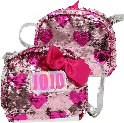 Jojo Siwa Crossbody Purse for Girls, Glitter Brushed Sequins with Bow, Little Girl's Lightweight Messenger Bag, Sling Bag for School and Outings, Pink Hearts with Adjustable Silver Strap