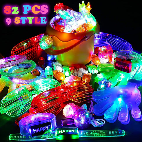 82PCs LED Light Up Toy Bulk Party Favors, Glow in The Dark Party Supplies for Boy Girl with 50 Finger Light,6 Jelly Ring, 6 Glasses,5 Spinning Top, 3 Bracelet,3 Hairpin, 3 Whistle, 3 Clap Laxdacee