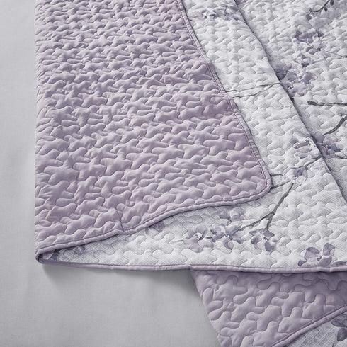 Comfort Spaces Reversible Quilt Set-Vermicelli Stitching Design All Season, Lightweight, Coverlet Bedspread Bedding, Matching Shams, King (104 in x 90 in) Kate, Grey/Purple 3 Piece