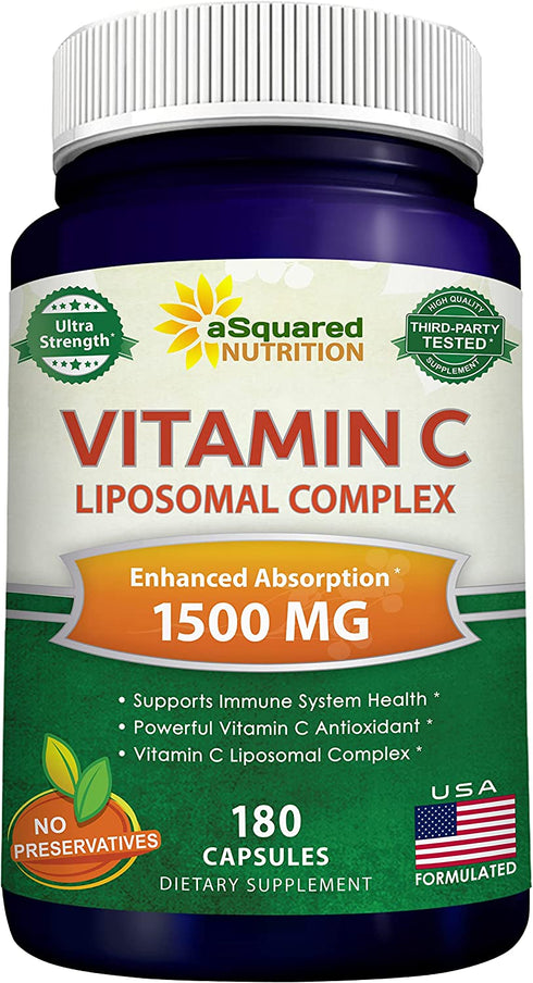 Vitamin C Liposomal Complex - 1500mg Supplement - 180 Capsules - High Absorption VIT C Ascorbic Acid Pills - Supports Immune System & Collagen Health - 90 Servings